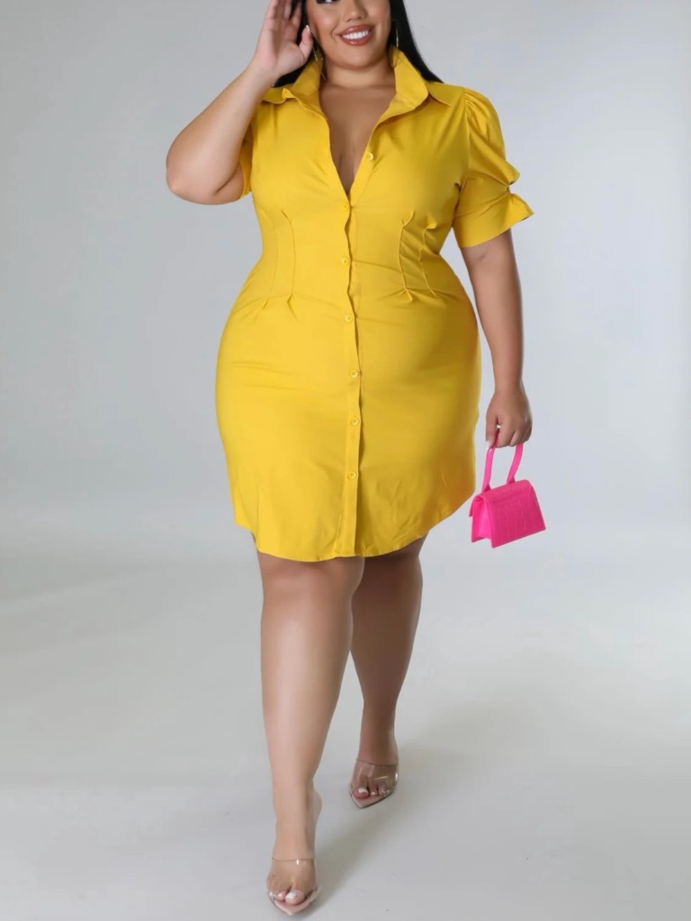 Curved-Seam Yellow Button-Front Midi Dress